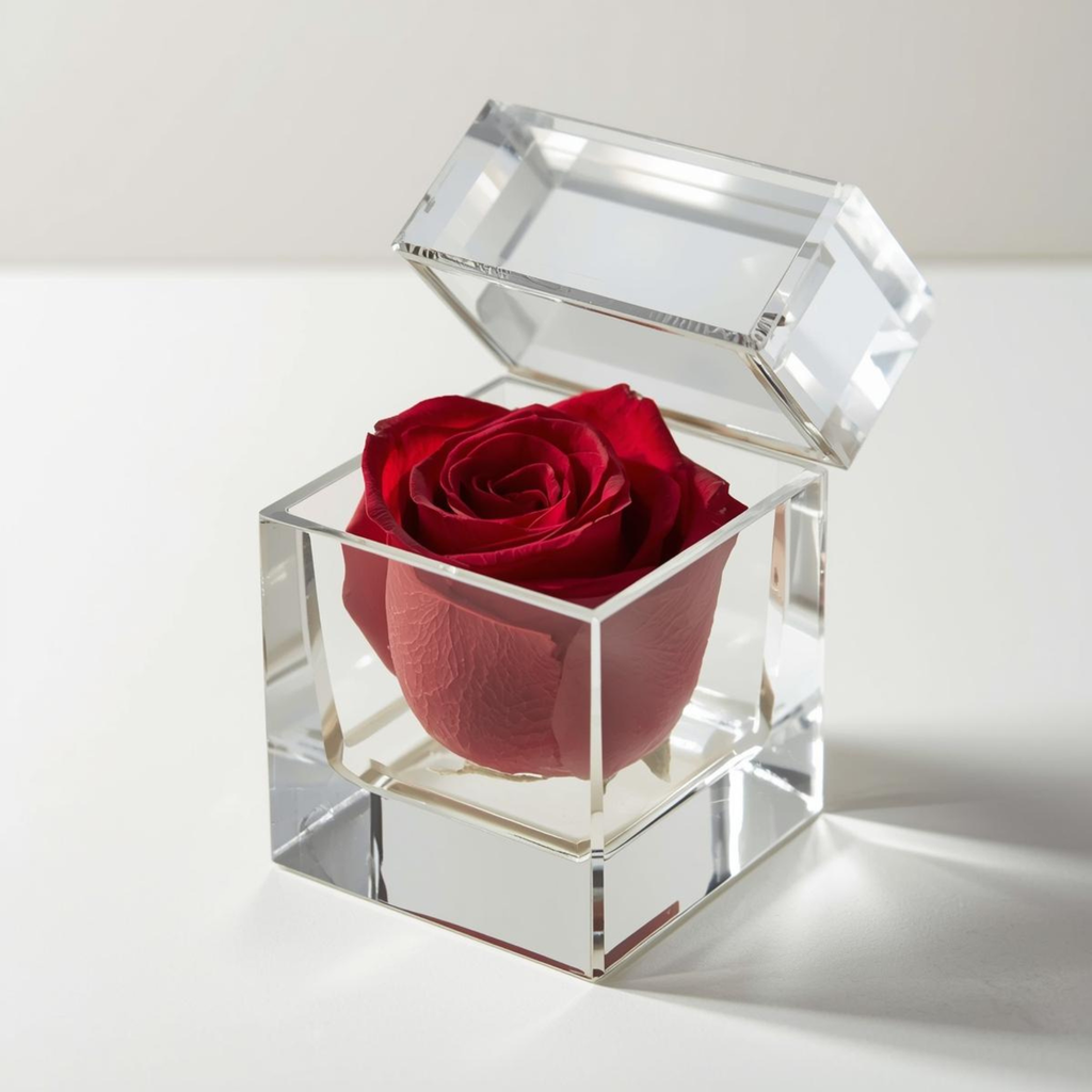 Rose Éternelle Aplatie – Boîte de Cristal Carrée Ouvrable