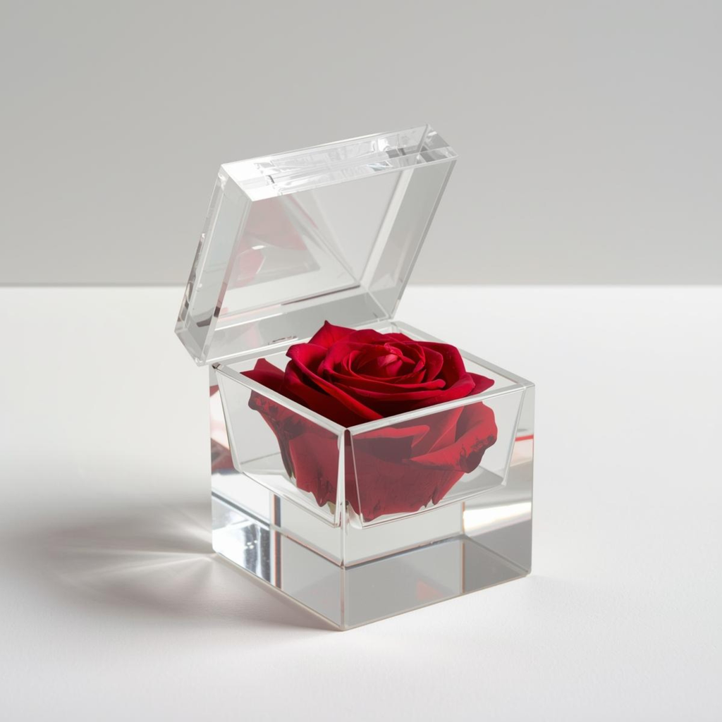 Rose Éternelle Aplatie – Boîte de Cristal Carrée Ouvrable